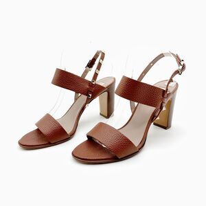 VALENTINO Brown Rockstud Slingback Heels Size 40.5 Sandal Pebbled Leather